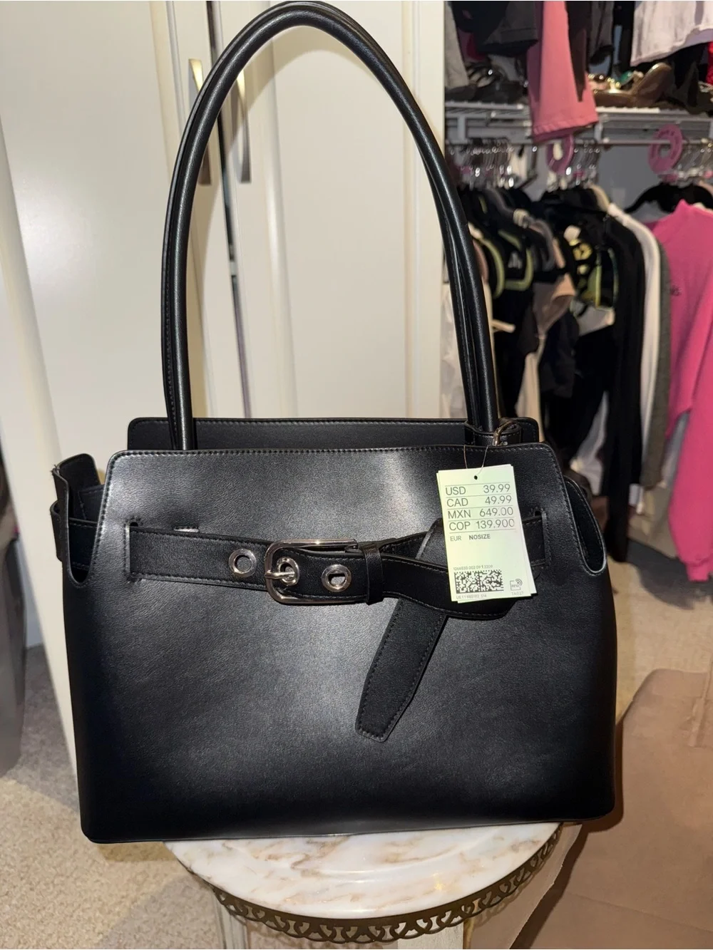 Women's Black faux Leather Top-Handle Bag with Buckle Detail new with tag H&M